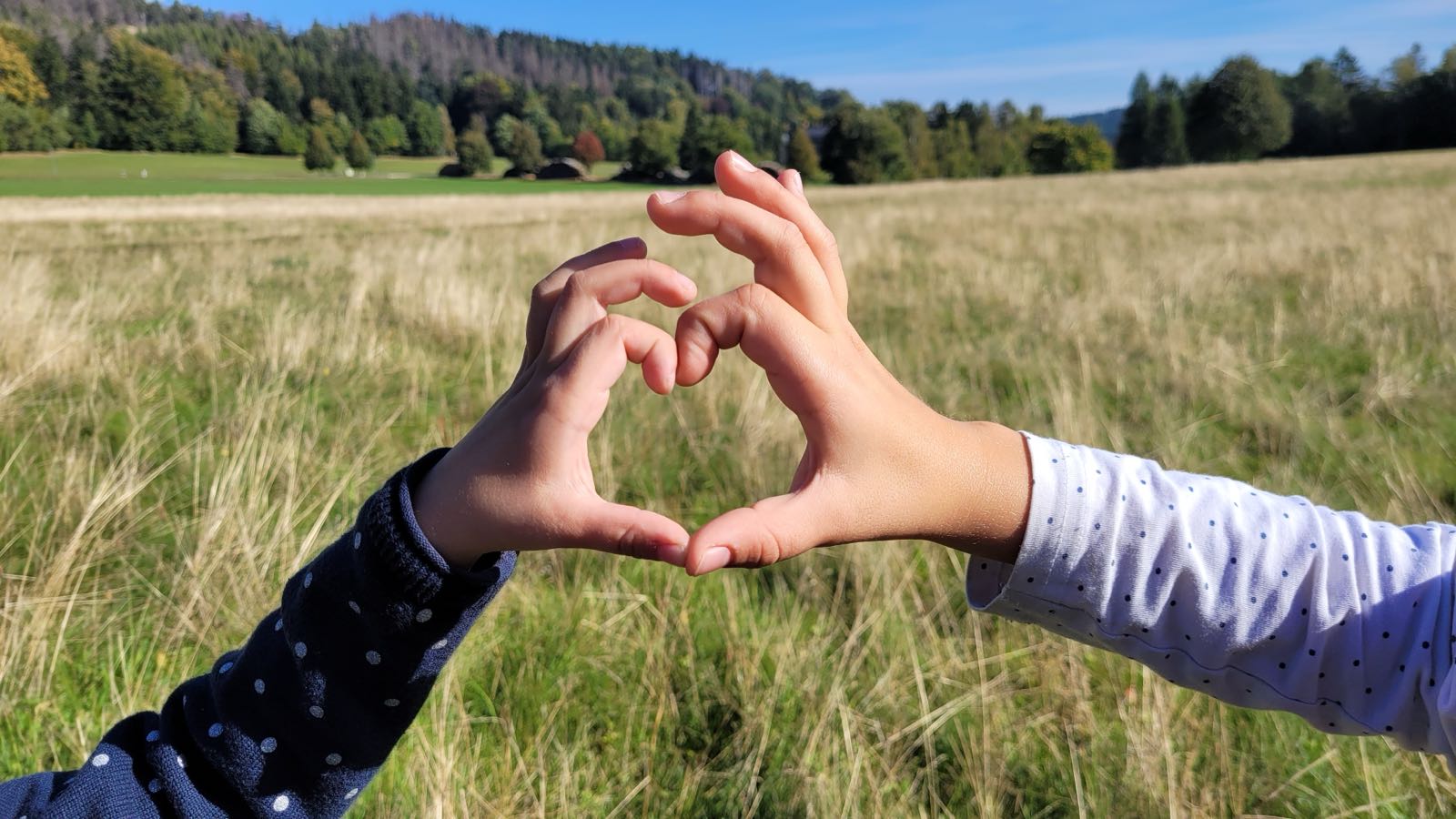 Zwei Kinderhände formen gemeinsam ein Herz vor einer grünen Landschaft