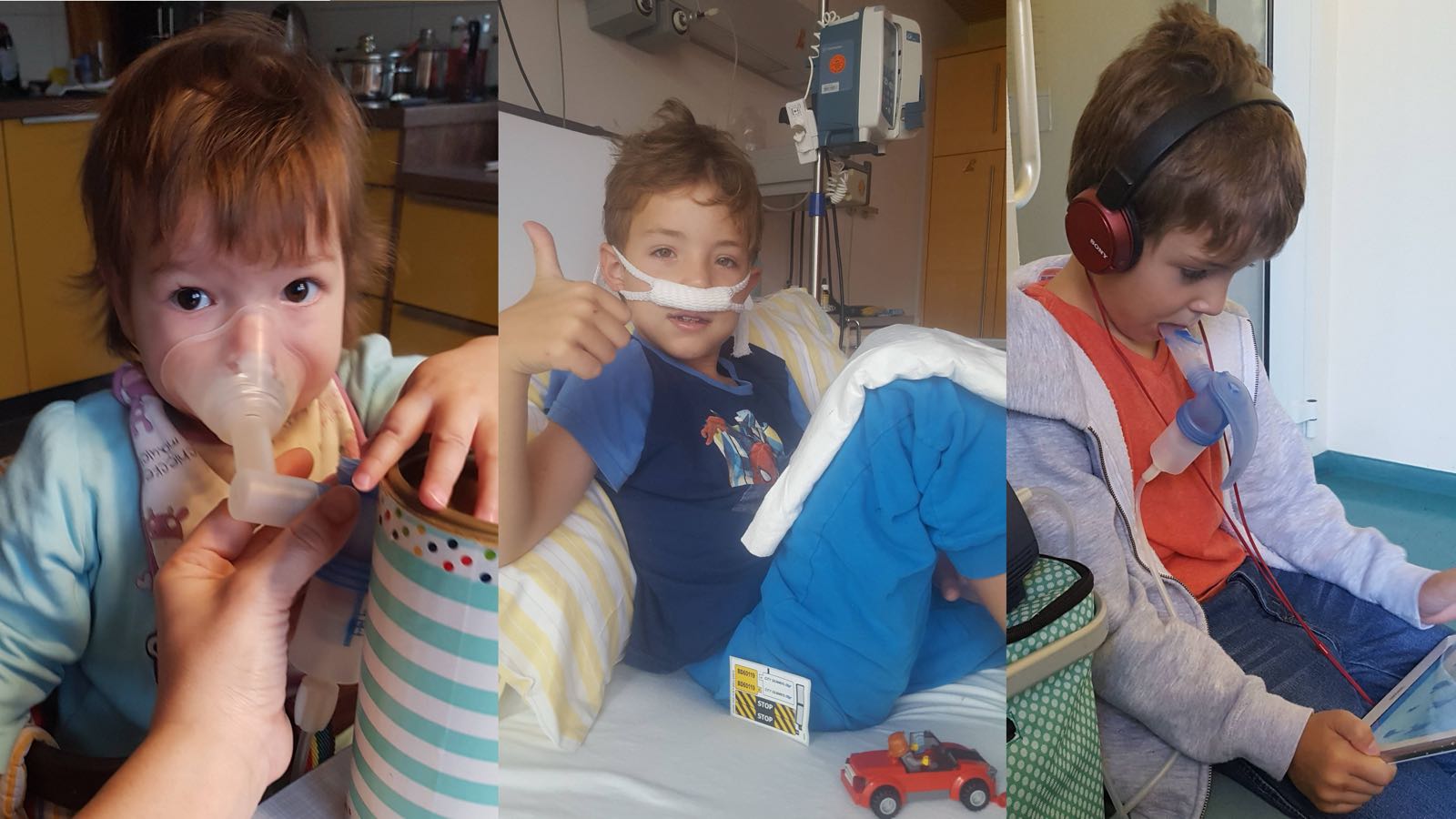 Dreiteilige Collage: Kleinkind bei Inhalation, Junge im Krankenhausbett mit Daumen nach oben und Junge mit Inhalator und Kopfhörern
